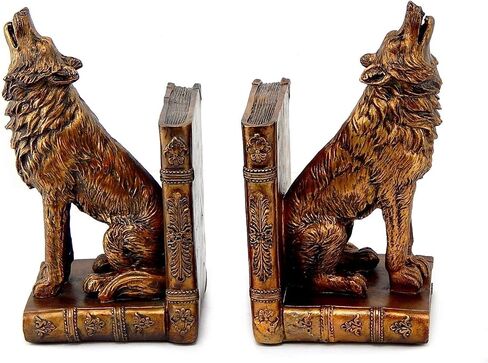 Bellaa 26362 Decorative Bookends Howling Wolf Animal Cabin Farmhouse Vintage Bookshelf Home Decor Tabletop Shelves Nonskid Heavy Book Stoppers 9 inch in Saudi Arabia