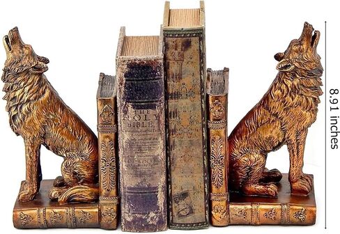 Bellaa 26362 Decorative Bookends Howling Wolf Animal Cabin Farmhouse Vintage Bookshelf Home Decor Tabletop Shelves Nonskid Heavy Book Stoppers 9 inch in Saudi Arabia