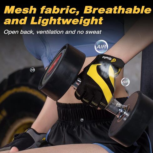 قفازات التمرين للرجال والنساء، حماية كاملة لراحة اليد وقفازات رفع الأثقال ذات متانة إضافية مع وسائد من الجلد السويدي، قفازات تمرين رياضية بدون أصابع للتدريب (أسود + أصفر، متوسط) in Kuwait