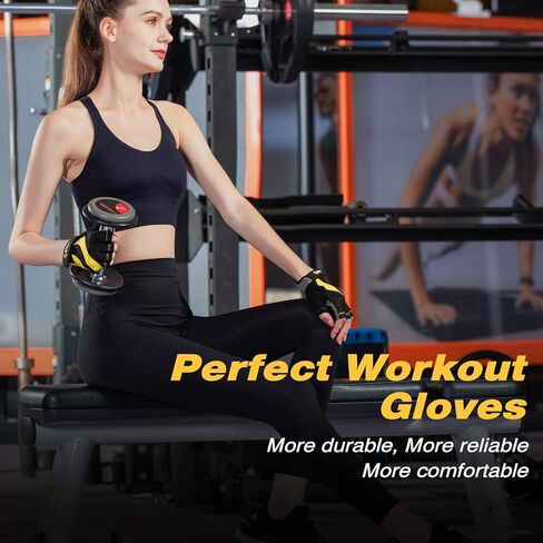 قفازات التمرين للرجال والنساء، حماية كاملة لراحة اليد وقفازات رفع الأثقال ذات متانة إضافية مع وسائد من الجلد السويدي، قفازات تمرين رياضية بدون أصابع للتدريب (أسود + أصفر، متوسط) in Kuwait