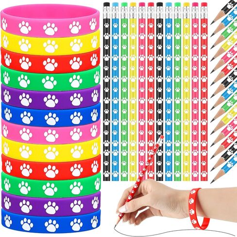 120 Pcs Paw Print Rubber Bracelet Dog Paw Pencils Withe Erasers Set, Stretch Wristbands Writing Wooden Paw Print Pencil Dog Pencils Rubber Bracelets in Saudi Arabia