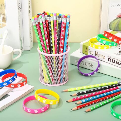 120 Pcs Paw Print Rubber Bracelet Dog Paw Pencils Withe Erasers Set, Stretch Wristbands Writing Wooden Paw Print Pencil Dog Pencils Rubber Bracelets in Saudi Arabia