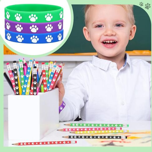 120 Pcs Paw Print Rubber Bracelet Dog Paw Pencils Withe Erasers Set, Stretch Wristbands Writing Wooden Paw Print Pencil Dog Pencils Rubber Bracelets in Saudi Arabia