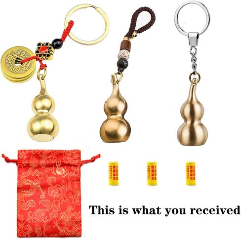 3 Pieces Gourd Brass Keychains,Feng Shui Luck Coins with Brass Calabash Wu Lou Key Ring for Good Luck , Wealth Success & Longevity , Blessing Paper in it, Gold, 2x2x4 inches in Saudi Arabia