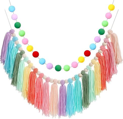 2 Pcs Boho Tassel Garland, Wall Hanging Decor Pastel Rainbow Tassel Banner with Wood Beads Pom Poms Balls for Home Party Baby Shower Supplies Girls Bedroom Nursery Room Classroom Decoration in Saudi Arabia