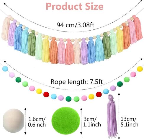 2 Pcs Boho Tassel Garland, Wall Hanging Decor Pastel Rainbow Tassel Banner with Wood Beads Pom Poms Balls for Home Party Baby Shower Supplies Girls Bedroom Nursery Room Classroom Decoration in Saudi Arabia