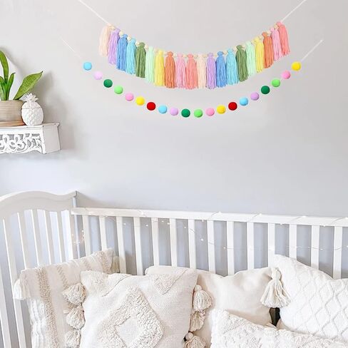 2 Pcs Boho Tassel Garland, Wall Hanging Decor Pastel Rainbow Tassel Banner with Wood Beads Pom Poms Balls for Home Party Baby Shower Supplies Girls Bedroom Nursery Room Classroom Decoration in Saudi Arabia