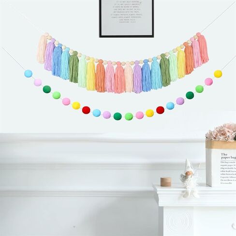 2 Pcs Boho Tassel Garland, Wall Hanging Decor Pastel Rainbow Tassel Banner with Wood Beads Pom Poms Balls for Home Party Baby Shower Supplies Girls Bedroom Nursery Room Classroom Decoration in Saudi Arabia