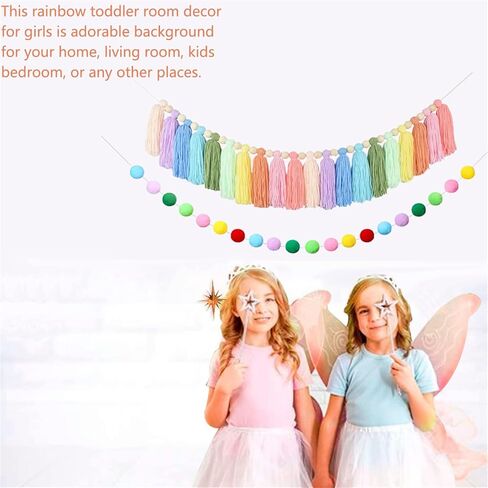 2 Pcs Boho Tassel Garland, Wall Hanging Decor Pastel Rainbow Tassel Banner with Wood Beads Pom Poms Balls for Home Party Baby Shower Supplies Girls Bedroom Nursery Room Classroom Decoration in Saudi Arabia
