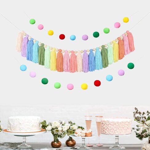 2 Pcs Boho Tassel Garland, Wall Hanging Decor Pastel Rainbow Tassel Banner with Wood Beads Pom Poms Balls for Home Party Baby Shower Supplies Girls Bedroom Nursery Room Classroom Decoration in Saudi Arabia