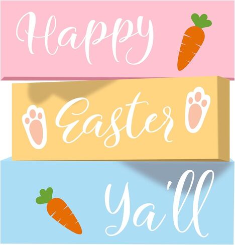 Whaline Easter Wooden Block Signs 3-layered Happy Easter Ya'll Carrot Prints Wooden Block set Tiered Tray Table Signs Tabletop Centerpieces for Easter Spring Farmhouse Home Tiered Tray Shelf Decor in Saudi Arabia