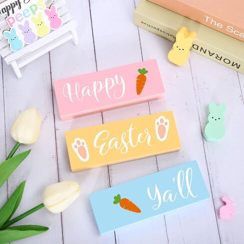 Whaline Easter Wooden Block Signs 3-layered Happy Easter Ya'll Carrot Prints Wooden Block set Tiered Tray Table Signs Tabletop Centerpieces for Easter Spring Farmhouse Home Tiered Tray Shelf Decor in Saudi Arabia