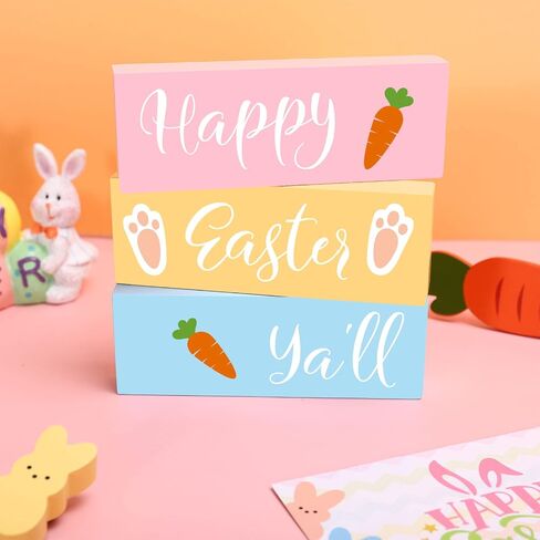 Whaline Easter Wooden Block Signs 3-layered Happy Easter Ya'll Carrot Prints Wooden Block set Tiered Tray Table Signs Tabletop Centerpieces for Easter Spring Farmhouse Home Tiered Tray Shelf Decor in Saudi Arabia