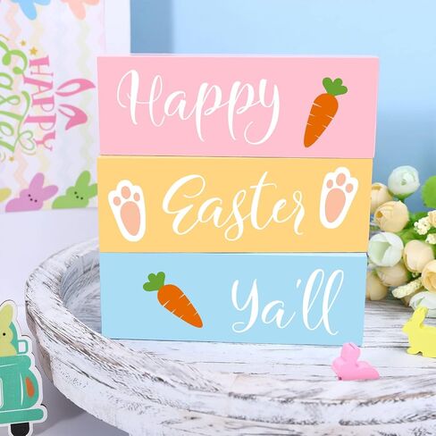 Whaline Easter Wooden Block Signs 3-layered Happy Easter Ya'll Carrot Prints Wooden Block set Tiered Tray Table Signs Tabletop Centerpieces for Easter Spring Farmhouse Home Tiered Tray Shelf Decor in Saudi Arabia