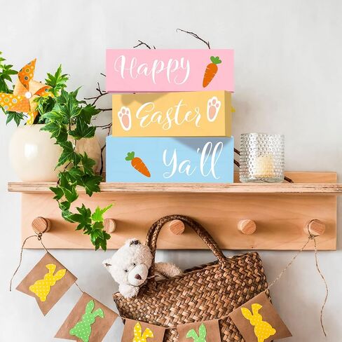 Whaline Easter Wooden Block Signs 3-layered Happy Easter Ya'll Carrot Prints Wooden Block set Tiered Tray Table Signs Tabletop Centerpieces for Easter Spring Farmhouse Home Tiered Tray Shelf Decor in Saudi Arabia