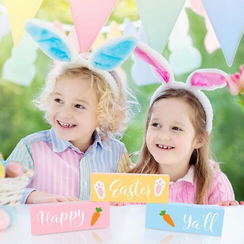 Whaline Easter Wooden Block Signs 3-layered Happy Easter Ya'll Carrot Prints Wooden Block set Tiered Tray Table Signs Tabletop Centerpieces for Easter Spring Farmhouse Home Tiered Tray Shelf Decor in Saudi Arabia