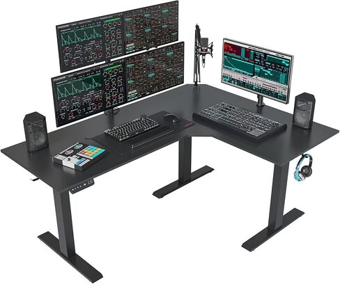 FEZIBO Triple Motor L-Shaped Electric Standing Desk, 63 Inches Height Adjustable Stand up Corner Desk, Sit Stand Workstation with Splice Board, Black Frame/Black Top in Saudi Arabia