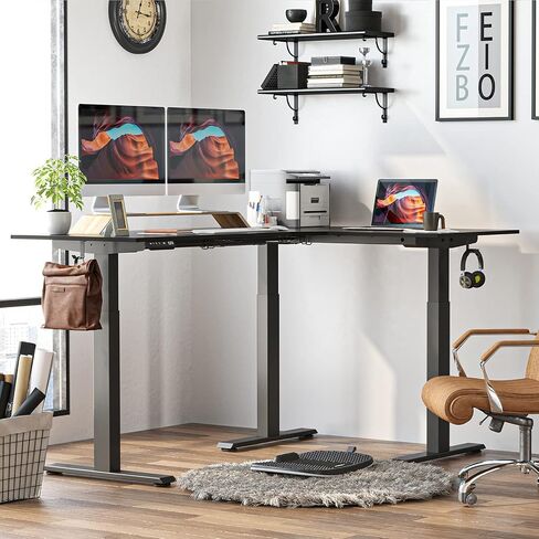 FEZIBO Triple Motor L-Shaped Electric Standing Desk, 63 Inches Height Adjustable Stand up Corner Desk, Sit Stand Workstation with Splice Board, Black Frame/Black Top in Saudi Arabia