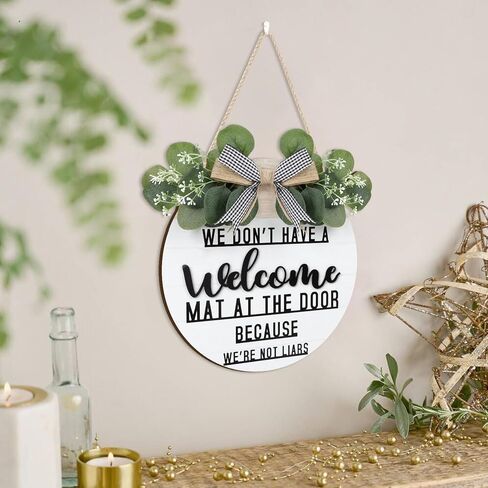 CHDITB ليس لدينا سجادة ترحيب عند الباب لأننا لسنا كذابين إكليلًا (11.42 بوصة × 11.42 بوصة)، لافتة ترحيب ثلاثية الأبعاد مضحكة مع أوراق الأوكالبتوس المدفوعة الأجر، ديكور للتدفئة المنزلية لمدخل الشرفة in Kuwait