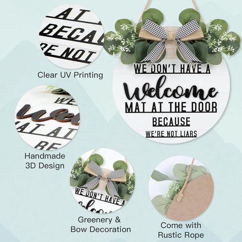 CHDITB ليس لدينا سجادة ترحيب عند الباب لأننا لسنا كذابين إكليلًا (11.42 بوصة × 11.42 بوصة)، لافتة ترحيب ثلاثية الأبعاد مضحكة مع أوراق الأوكالبتوس المدفوعة الأجر، ديكور للتدفئة المنزلية لمدخل الشرفة in Kuwait