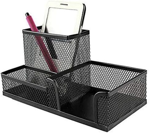 Corner Cabin Mesh Desk Office Organizer for Paper Clip, Mesh Desk Organizer, 3 in 1 Metal Pen Holder Office Supplies Caddy for Paper Clip, Sticky Note, Pen(3 Compartments, Black) in Saudi Arabia