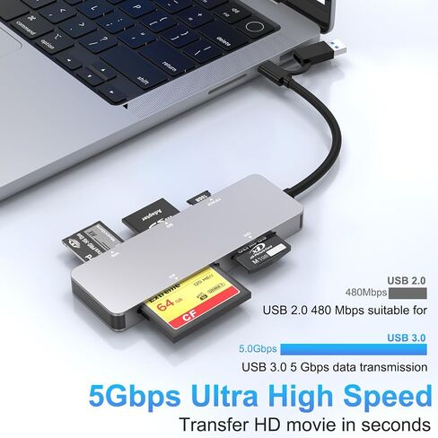 قارئ بطاقات SD متعدد، موصل مزدوج USB C USB 3.0 محول قارئ بطاقات الذاكرة لـ SD SDXC SDHC TF Micro SD CF MS MMC بطاقة ذاكرة الكاميرا XD قارئ بطاقات 5 جيجابت في الثانية قراءة 5 بطاقات التوصيل والتشغيل في وقت واحد in Saudi Arabia