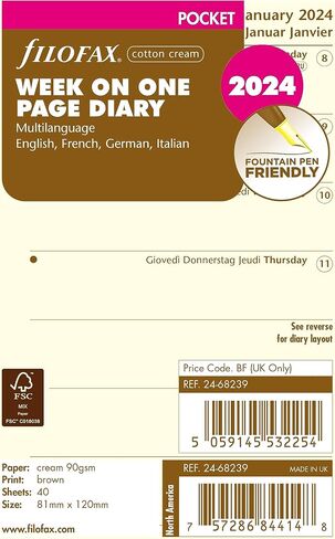 Filofax Calendar Diary Refill, Pocket Size, Week on One Page, Cotton Cream Paper, Unruled, Multilingual: Four Languages, 2024 (C68239-24) in Saudi Arabia