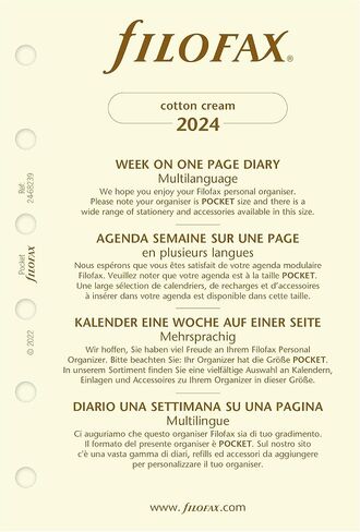 Filofax Calendar Diary Refill, Pocket Size, Week on One Page, Cotton Cream Paper, Unruled, Multilingual: Four Languages, 2024 (C68239-24) in Saudi Arabia