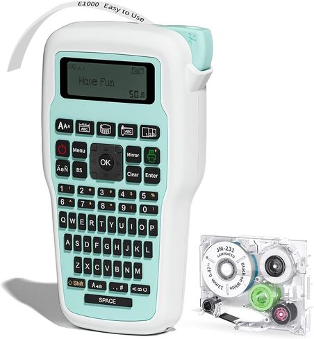 آلة صنع الملصقات والطابعة، ملصق لوحة مفاتيح QWERTY محمول E1000 مع حزمة واحدة JM-231 ومحول تيار متردد، صانع ملصقات لتنظيم المنزل والمكتب والمدرسة، أخضر in Kuwait