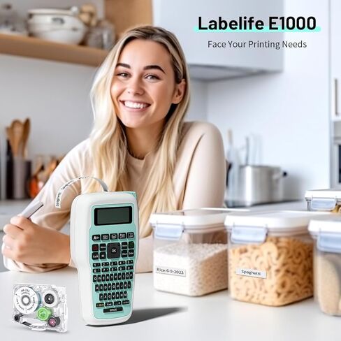 آلة صنع الملصقات والطابعة، ملصق لوحة مفاتيح QWERTY محمول E1000 مع حزمة واحدة JM-231 ومحول تيار متردد، صانع ملصقات لتنظيم المنزل والمكتب والمدرسة، أخضر in Kuwait
