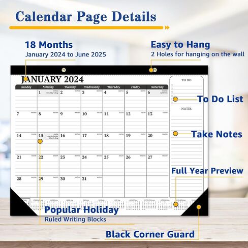 Umriox Large Desk Calendar, 18 Months 22" x 17" Desk Calendar, Runs from January 2024 to June 2025, 2024 Desk/Wall Calendar for School Work and Home Planner in Saudi Arabia