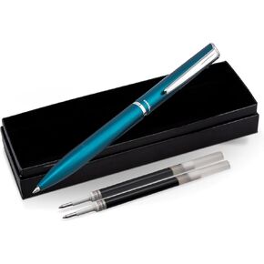 Pentel Energel Style Pen With 2 Refills - 0.7mm - Twist Action Refillable Rollerball Gel Pen - With Luxury Velvet - Lined Gift Box - Teal Blue Barrel