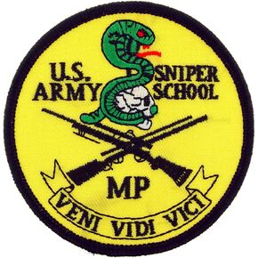United States Army Sniper School MP Veni Vidi Vici Patch, with Iron-On Adhesive