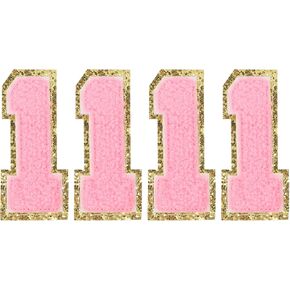 uxcell 4pcs Glitters Chenille Number Patches 8.4cm / 3.3" Iron-On Embroidery Numbers for Team Uniforms Sports T-Shirts Hats Bags (Pink, Number 5)