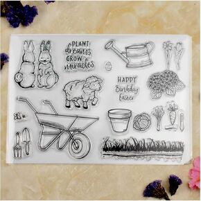 Kwan Crafts Happy Easter Rabbit Sheep Gardening Flowers Clear Stamps for Card Making Decoration and DIY Scrapbooking