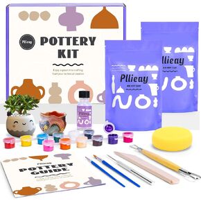 طقم Pllieyy Pottery للبالغين ، مجموعة طقم طين الطين الجاف في الهواء للمبتدئين تشمل أدوات الطلاء الفخارية المبتدئين أدوات النحت ، ورنيش ، وفرش الطلاء ، والتعليمات
