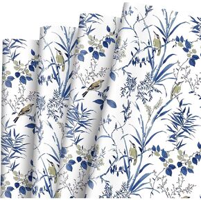 JarThenaAMCS 6 Sheet Bird Flower Wrapping Paper -Not Roll- Blue White Gift Wrap Paper Folded Flat DIY Art Craft Paper for Birthday Party Baby Shower Packaging, 19.7 x 27.6 Inch