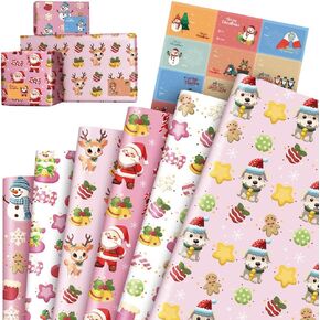 M-sorflly 12 Sheets Pink Christmas Wrapping Paper, Funny Christmas Wrap Paper 6 Cute Designs, Xmas Thick Wrapping Paper with 12pcs Grinch Chrismas Tags