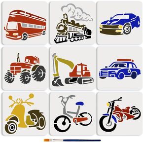 MAYJOYDIY 9Pcs Transportation Cars Drawing Template 5.9x5.9inchs Reusable Template Bus Tractor Motorcycle Car Excavator Bicycle Steam Train Painting Stencil for Painting Wall Home Decor