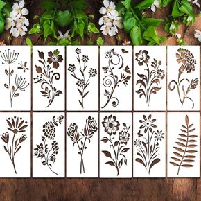 12Pcs Wildflower Stencils Flower Leaf Painting Stencils Botanical Flower Stencil Vine Leaf Plastic Art Drawing Templates DIY Crafts Plant Stencils for Painting on Wood Wall Door Home Decor 4x8inch