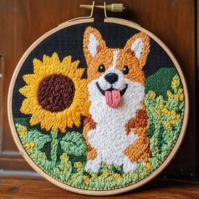 DIY Punch Needle Kits for Beginners Cute Cartoon Corgi Dog and Sunflower with Hoop Embroidery Punch Needle Starter Craft Set Easy for Adults and Children Festival Gift and Decoration 20x20cm-1