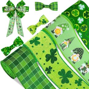 Whaline St. Patrick's Day Wired Edge Ribbon Green Shamrock Clover Gnome Plaids Patterned Fabric Ribbon 24 Yards Irish Style Craft Ribbon for Wrapping DIY Bow Wreath Crafts Making, 4 Roll