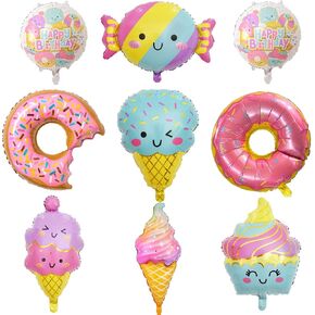 9 PCS Donut Ice Cream Foil Balloons, Doughnut Mylar Foil Balloons Ice Cream Theme Birthday Party Decorations for Kids Girls Birthday Baby Shower Wedding Party Decorations