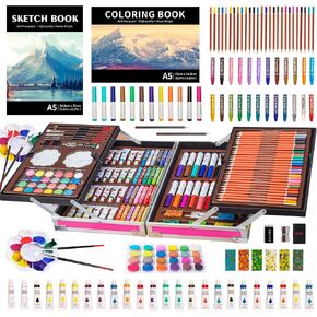 KINSPORY Art Supplies, 139 Pack Painting Drawing Art Kit with 2 Sketch Pads, Double Layers Art Set Crafts, Colored Pencils, Oil Pastels, Watercolor Paints, Aluminum Gift Case for Artists Kids (Pink)