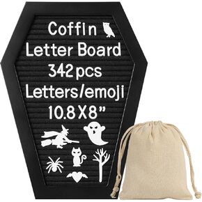 Coffin Felt Letter Board with 342 Changeable Letters&Numbers, 10.8"x8" Spooky Letterboard Gothic Message Board Letter Sign Board with Stand and Canvas bag for Halloween Party Christmas