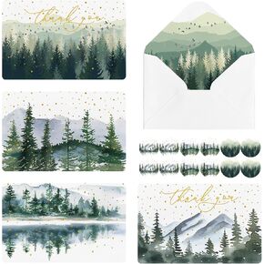 Artoid Mode 36 Pack Mountain Tree Forest Thank You Cards Golden Polka Dot Greeting Cards Gift With Envelope Sticker Blank Note Cards for Birthday Wedding Baby Shower Bridal Shower, 4 x 6 Inch