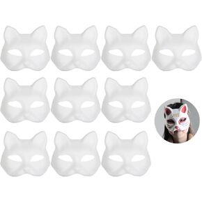 10 Pack Cat Masks - Therian DIY White Half Masks for Masquerade, Cosplay, Party Favors