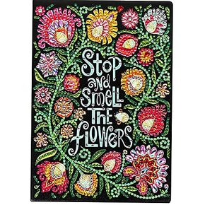 5D Diamond Art Painting Notebook Text Stop and Smell Flowers Kits Cover Leather DIY Special Shaped Journal Sketchbook Cross Stitch Diamond Art Hardcover Dairy Book Festival Birthday Gift 8.27x5.71IN