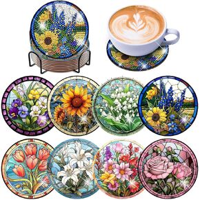 8 PCS Flowers Diamond Art Coasters Kit, Diamond Painting Coasters Kits with Holder Flowers DIY Coasters for Beginners 5D Diamond Art Kits for Adults Gift