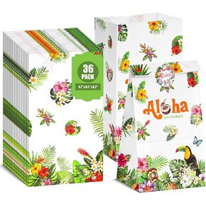 VGOODALL 36PCS Luau Hawaii Party Favor Bags, 4.7"x3.1"x8.7" Aloha Paper Gift Bags with Stickers for Candy, Treats, Summer Tropical Hawaiian Parties